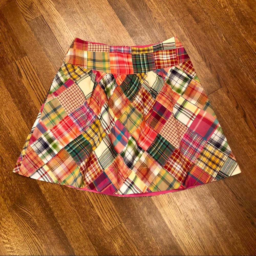 CAbi Patchwork Plaid Midi Skirt in Red, Green, Yellow, Blue